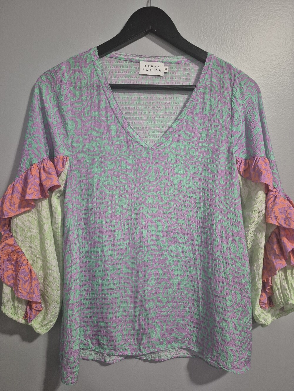 Tanya Taylor Pastel Mint & Lavender V‑Neck Ruffle Sleeve Tunic Xsmall